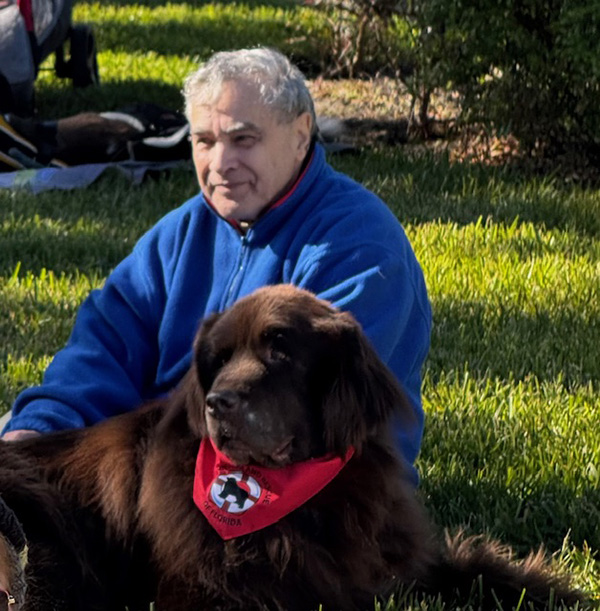 A man with curly grey hair sitting on the grass with a brown Newfoundland laying in front of him wearing a red bandanna